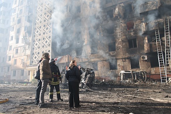 A residential building that was heavily damaged after a Russian strike on Ternopil in Ukraine on Wednesday.