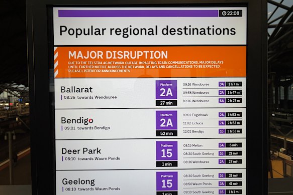 A notice at Southern Cross station displaying information regarding the V/Line train services delayed due to the Telstra outage. 