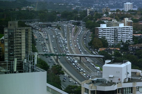 Traffic queues approaching the Sydney Harbour Bridge from North Sydney on Wednesday.