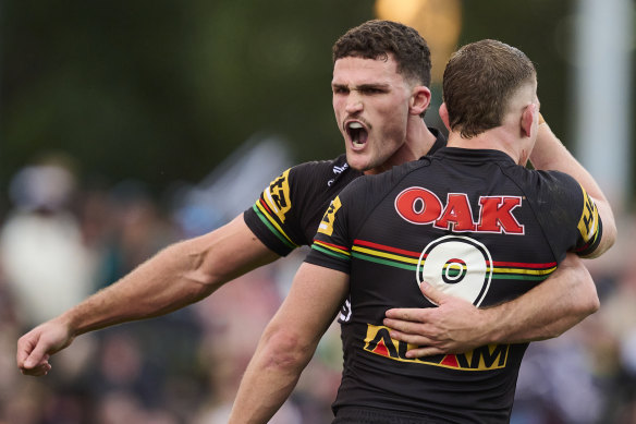 Nathan Cleary celebrates the winning try.