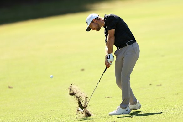 Rasmus Neergaard-Petersen of Denmark plays his second shot on the 15th hole.