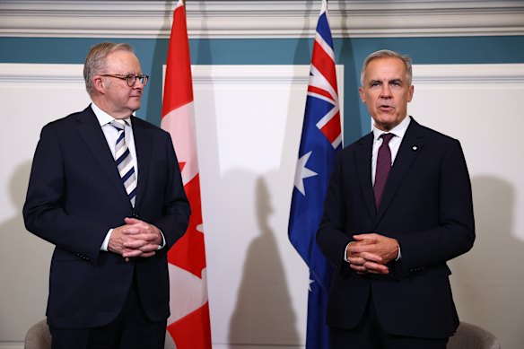 Prime Minister Anthony Albanese with Prime Minister of Canada Mark Carney at the Global Progress Action Summit held at Central Hall in London.