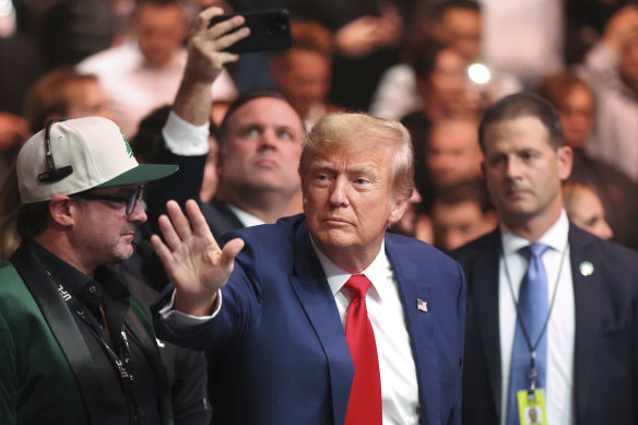 Republican presidential candidate and former President Donald Trump arrives to watch the UFC 296 event in Las Vegas.