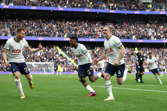 Oliver Skipp celebrates scoring for Tottenham Hotspur.