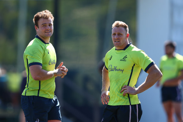 Harry Wilson and Reece Hodge at training after recalls to the Wallabies side.