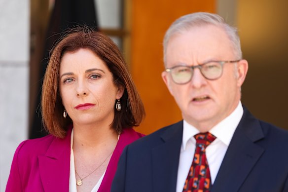 Tough spot … Communications and Sport Minister Anika Wells with Prime Minister Anthony Albanese last month.