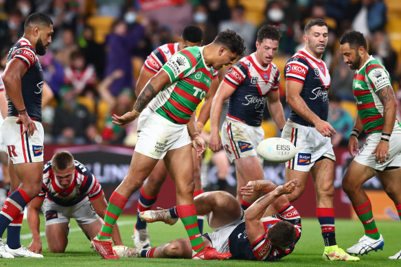 Latrell Mitchell of the Rabbitohs reacts after scoring against the Roosters.