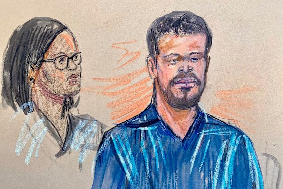 A courtroom sketch depicting Cole Tomas Allen, right, in court in Washington on Monday with his attorney, Tezira Abeseen.