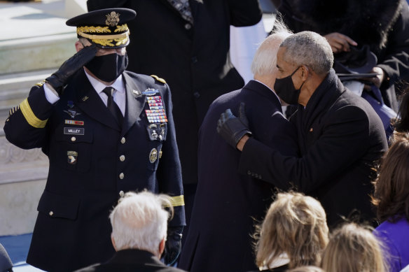 General Mark Milley salutes new President Joe Biden and former president Barack Obama on Inauguration Day, January 20, 2021. 
