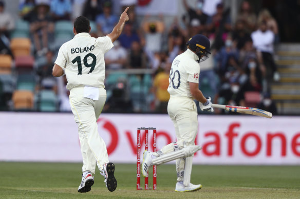 Scott Boland takes the wicket of Ollie Pope. 