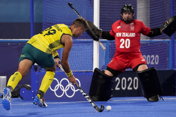 Tim Brand bears down on goal before scoring against New Zealand.