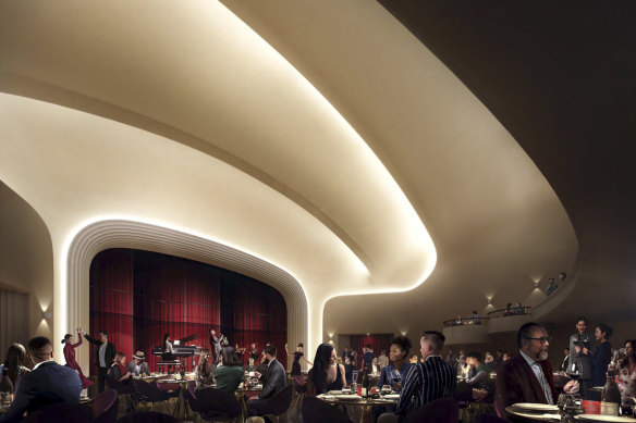 A proposed design for the interior of the Metro-Minerva converted to a Paris-style cabaret room. 
