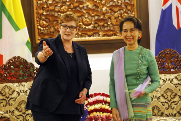 Foreign Affairs Minister Marise Payne meets with Myanmar leader Aung San Suu Kyi in Naypyitaw in 2018.