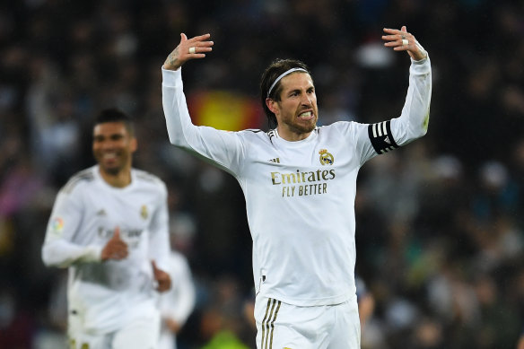 Real's Sergio Ramos celebrates after his side's win.