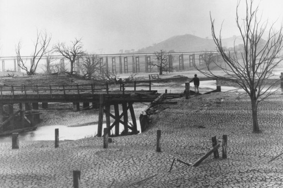 Usually under water, the old Bonnie Doon bridge is revealed by drought conditions.