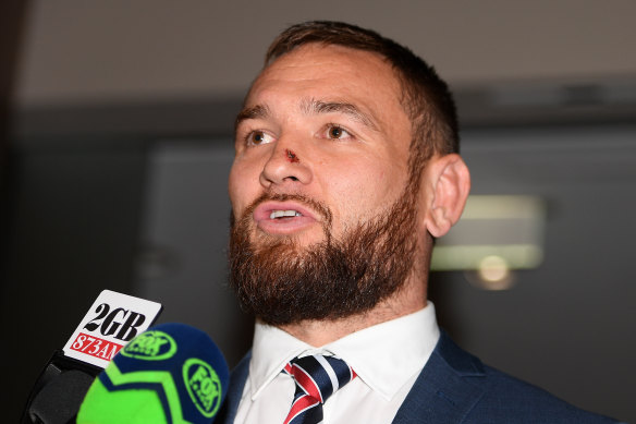 Jared Waerea-Hargreaves talks to the media after being found guilty of tripping.