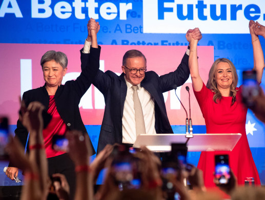 Prime Minister Anthony Albanese with partner Jodie Haydon and Foreign Affairs Minister Penny Wong on election night.