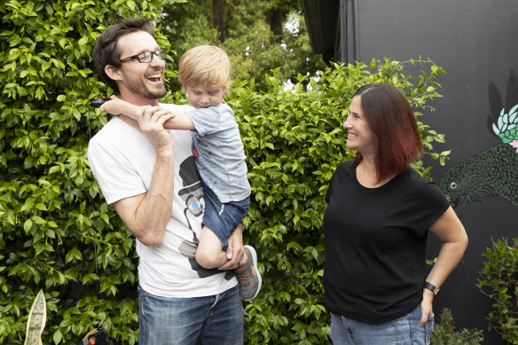 Brent Winstone and Elle Green, parents of Louis, are part of a growing cohort of Sydneysiders where both parents work full time and have children under the age of five. 