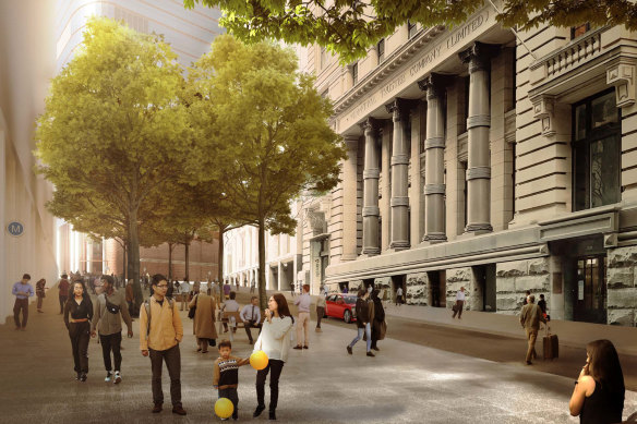 A render of extended footpaths with trees and seating on Hunter Street between Pitt and Castlereagh streets,