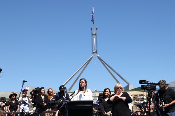 Brittany Higgins speaks at the March 4 Justice protest outside Parliament House in Canberra in 2021.