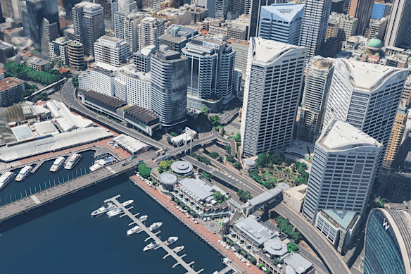 3D Google Earth render to Harbor Street in the Sydney CBD of the region around the Western distributor. The port of Darling is in the south.