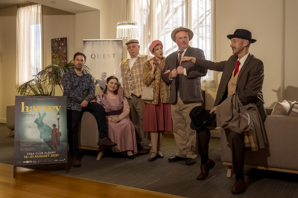 Working on Albury’s production of Harvey (from left to right): Director Alexander Gibbs, Eryn Pollard, Stewart McDiarmid, Helen Lockhart, Peter Uniacke and Columban Cox.