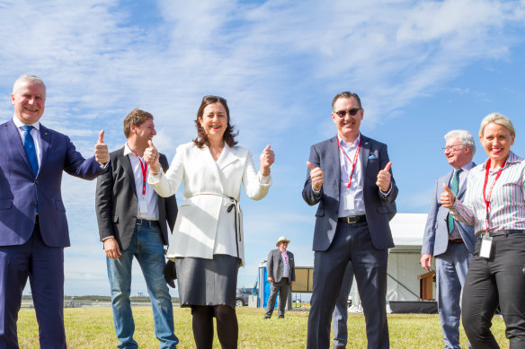 (Front, from left) Former Deputy Prime Minister Michael McCormack, Queensland Premier Annastacia Palaszczuk, Brisbane Airport parallel runway project director Paul Coughlan and former Minister for State Development, Tourism and Innovation Kate Jones celebrate the first flight on July 12, 2020.
