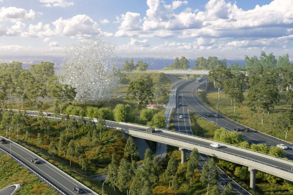 An artist’s impression of the 30-metre-high sculpture that will be the visual centrepiece of the freeway. 