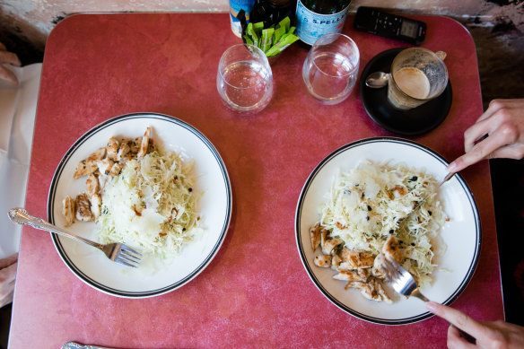 Insalata Barbetta: savoy cabbage, pine nuts, raisins, pecorino, lemon and pancetta, topped with chicken