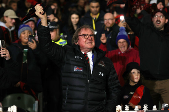 Kevin Sheedy.gets the Essendon faithful waving their scarves in celebration of their club.