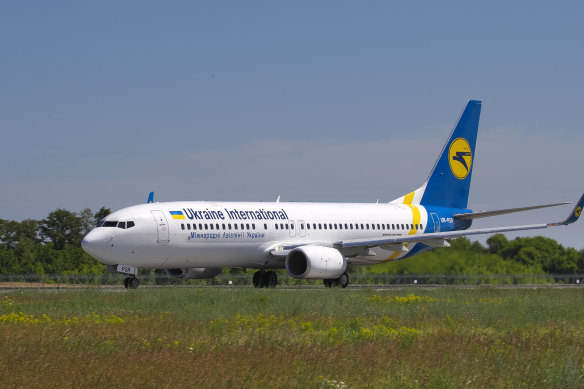 The actual Ukrainian Boeing 737-800  that crashed in January outside Tehran, seen here before take-off in Ukraine.