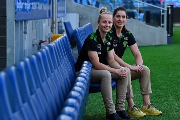Referees Belinda Sharpe (left) and Kasey Badger will be the first women to solo referee an NRL match.
