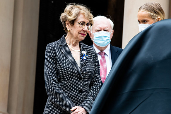 NSW Governor Margaret Beazley AC at a function at Town Hall on Monday. She did not respond to the press pack as she left.