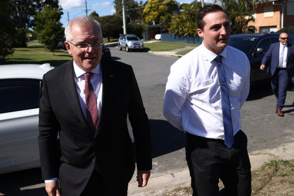 Prime Minister Scott Morrison and Ryan Shaw visit a Metricon homes site in Geebung in May last year, just days after the army veteran was selected as the LNP’s candidate for Lilley.