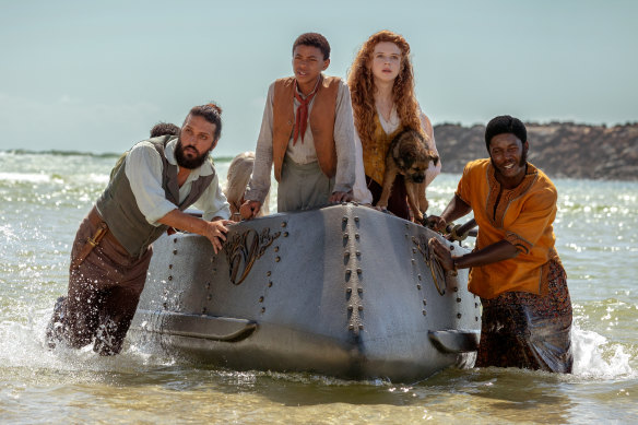 At sea (from left): Shazad Latif as Nemo, Kayden Price as Blaster, Georgia Flood as Humility and Pacharo Mzembe as Boniface.
