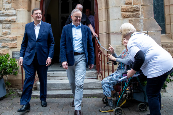 Prime Minister Anthony Albanese and Liberal MP Julian Leeser (left) visit the Uniting Church in Ashfield for a service by Bill Crews before the launch of the Uniting Church’s Yes23 campaign on Sunday.