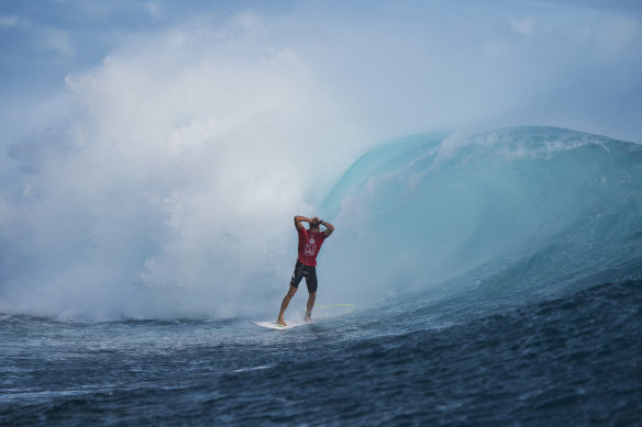 Owen Wright moments after his second perfect 10 ride at Fiji’s Cloudbreak in 2015.