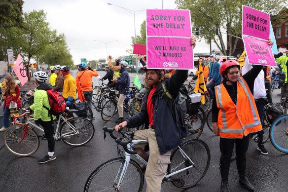 Extinction Rebellion activtists hit the road with their message on Wednesday.