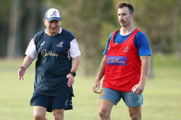 Wallabies coach Eddie Jones and halfback Nic White during a camp in April.