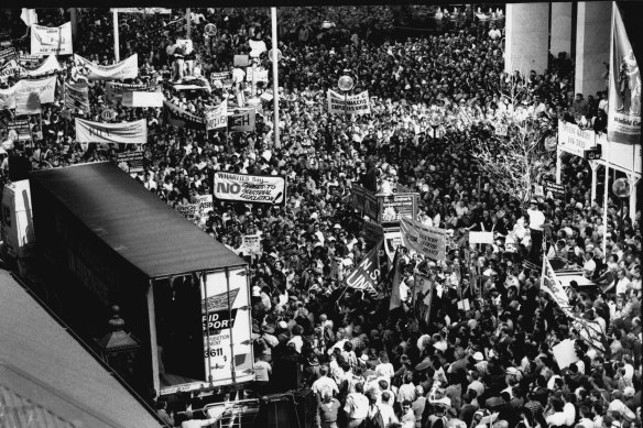 Workers gather near Parliament house yesterday to protest against the proposed industrial relations legislation. September 17, 1991.