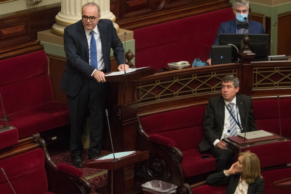 Fiona Patten, bottom right, listens to Adem Somyurek speaking in the upper house in 2020.