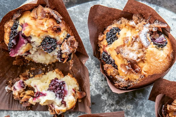 Blackberry and coconut cheesecake muffins.