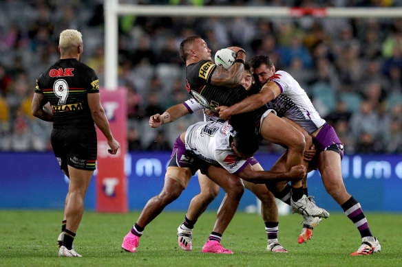 Penrith’s James Fisher-Harris runs into trouble during the 2020 grand final.