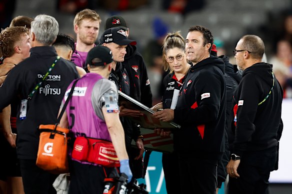 Essendon coach Brad Scott searches for answers during Thursday night’s loss to GWS.