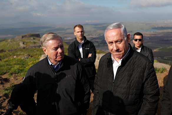 (From left): Senator Lindsey Graham, Israeli Prime Minister Benjamin Netanyahu and US Ambassador to Israel David Friedman in the Israeli-controlled Golan Heights in 2019. Graham was arguably Israel's strongest advocate in the US Congress. 