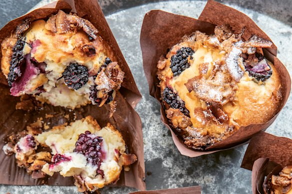 Blackberry and coconut cheesecake muffins.