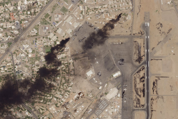 A satellite photo shows fires burning at Khartoum International Airport in Khartoum, Sudan.