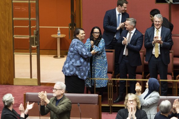 Senator Dorinda Cox and Indigenous Australians Minister Linda Burney after legislation enabling a Voice referendum passed the Senate.