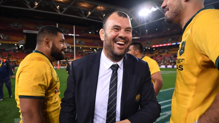 Sight to behold: Michael Cheika enjoys a laugh after an intense period of pressure on the coach.