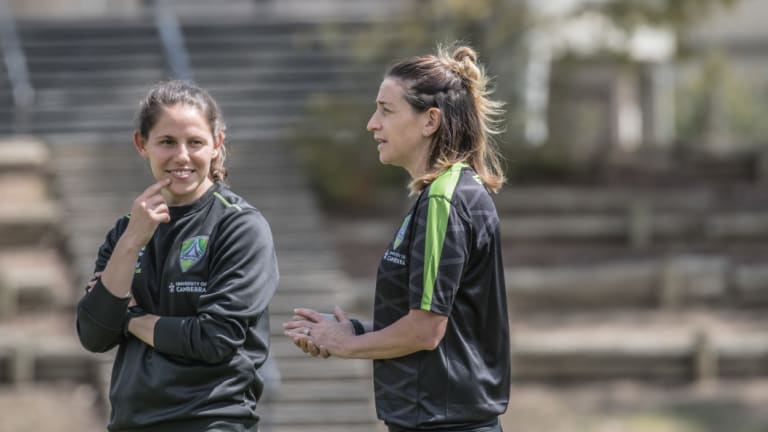 Canberra United coache Heather Garriock (right) and Ash Sykes.